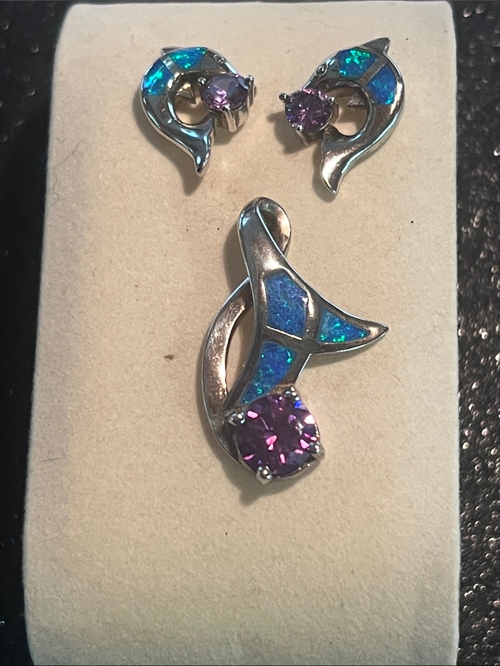 Sterling Silver Blue Opal and Purple Crystal dolphin Pendant & Earring Set